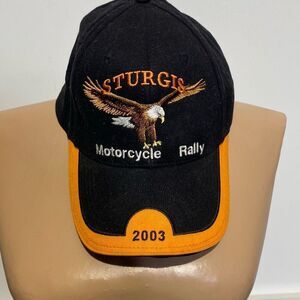 Mens Black Orange 2003 Sturgis Motorcycle Rally Embroidered Eagle Adjustable Hat
